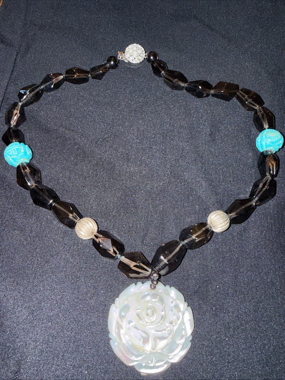 Mother of pearls turquoise necklace pendant glass beads silver 925 LUC Beaded